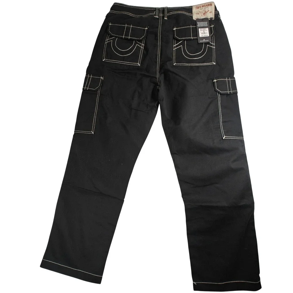 NWT 33 True Religion Mens Bobby Baggy Cargo Pant Jet Black WhiteStitch 700248N30